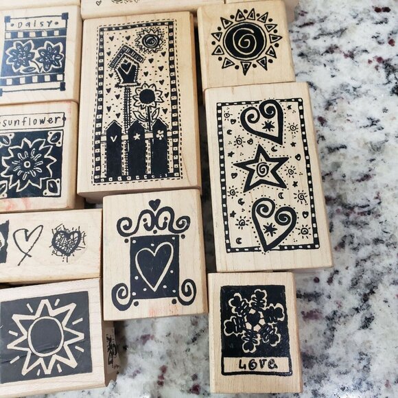 A Stamp In The Hand Co Wood Backed Rubber Stamp Lot Hearts Flowers Coffee Sun - Picture 6 of 10